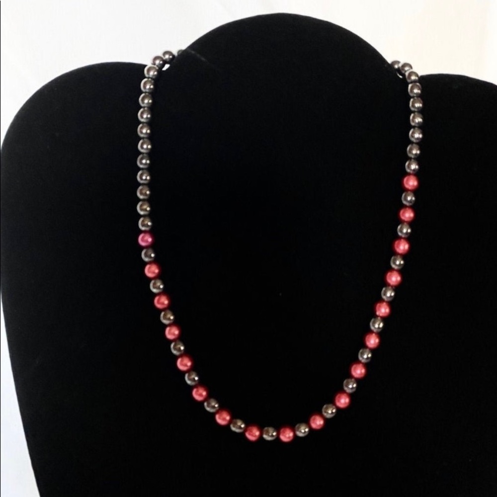 Handmade black & red beaded necklace and earrings